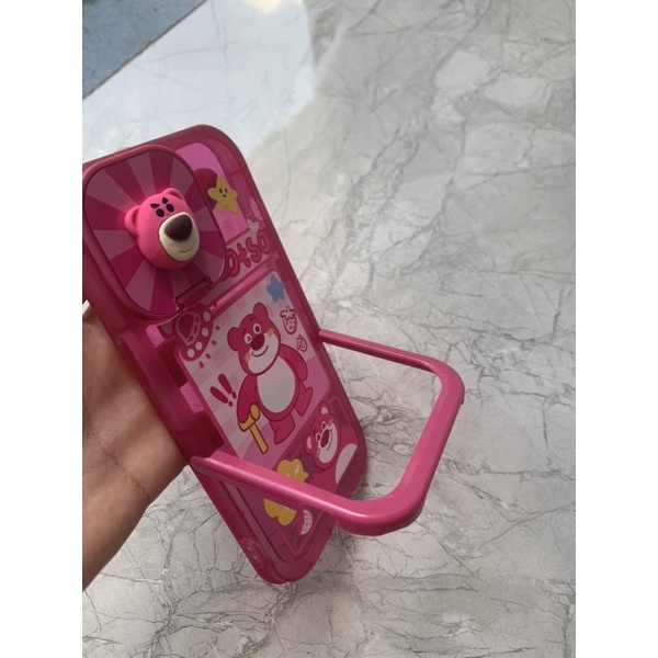 Ốp lưng iphone mềm dẻo có gương che bảo vệ camera và chân để bàn tiện lợi màu hồng gấu losto cute