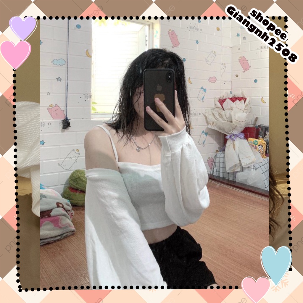 SA002 Bộ áo khoác cardigan mỏng, tay bo phồng và áo hai dây croptop ôm body sexy phong cách bánh bèo tiểu thư cute