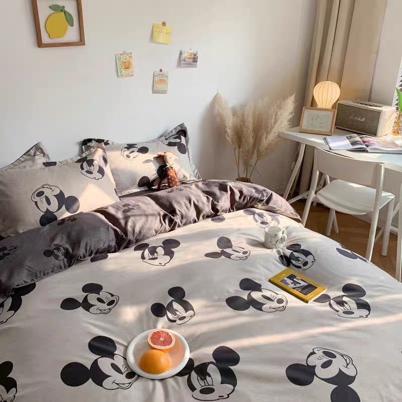 BỘ CHĂN GA VÀ VỎ GỐI POLY COTTON Chuột Micky ghi - Bộ Chăn Ga Gối 5 Món Cao Cấp