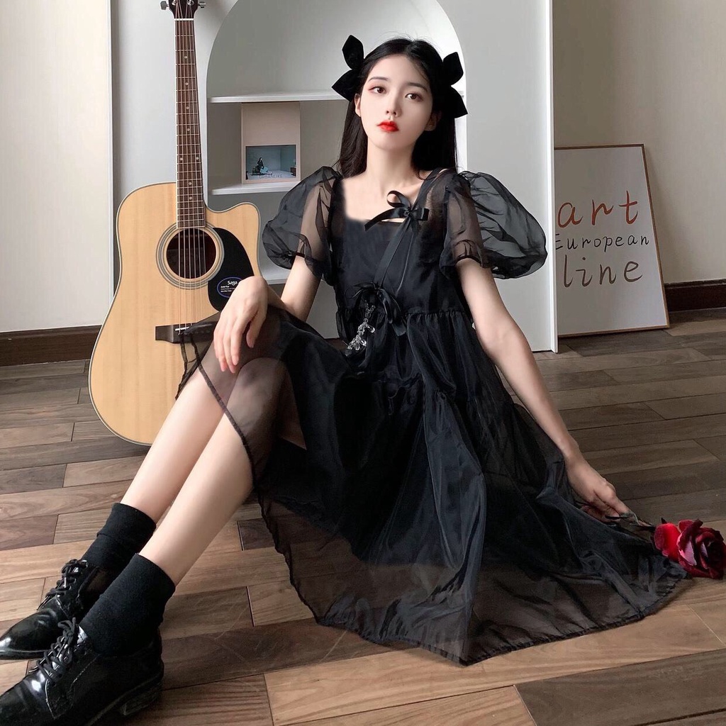 Váy Nữ, Đầm Babydoll Voan Tay Phồng Style Tiểu Thư Công Chúa, Vải Voan Tơ 2 Lớp Tay Phồng Về 2 Màu Trắng Đen hanf quốc