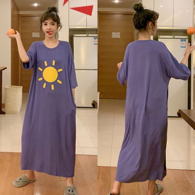 Đầm ngủ nữ tay ngắn in hình hoạt hình dễ thương