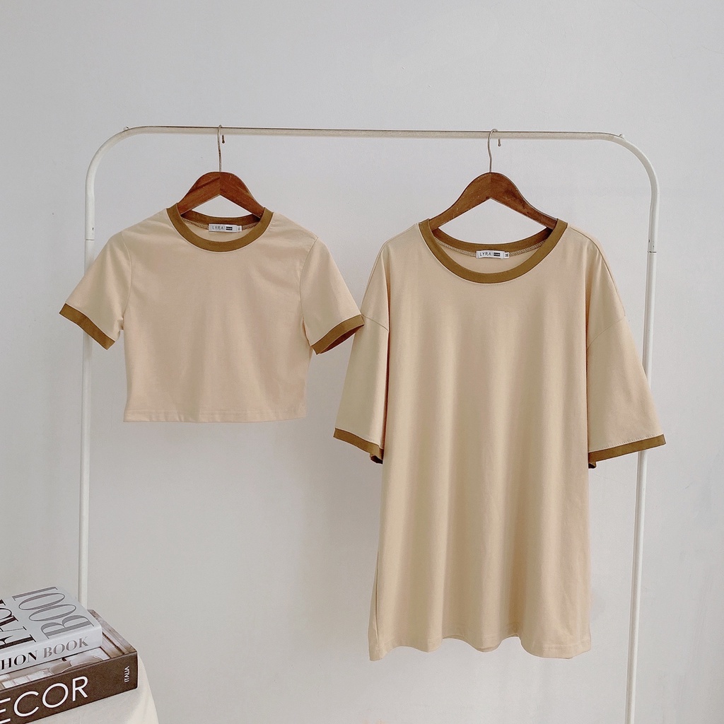 Set áo phông đôi trơn nam nữ LYRA thiết kế, chất cotton trơn basic viền đen unisex trẻ trung, năng động-LWBAP035