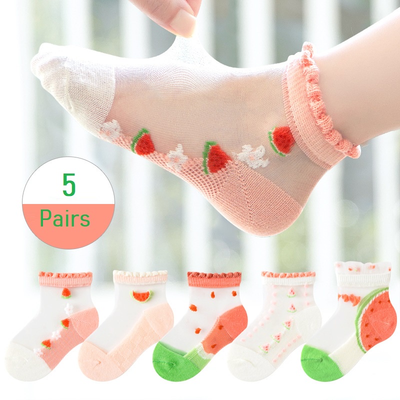 Set 5 Đôi Vớ Cotton Siêu Mỏng In Họa Tiết Trái Cây/Dưa Hấu Hoạt Hình Mùa Hè Cho Bé Gái Từ 1-12 Tuổi
