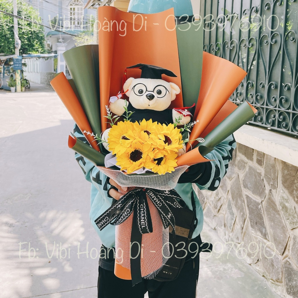 Ảnh thật 100%🌻 🎓Bó hoa hướng dương mix gấu bông tốt nghiệp cử nhân🎓 lịch sự đơn giản