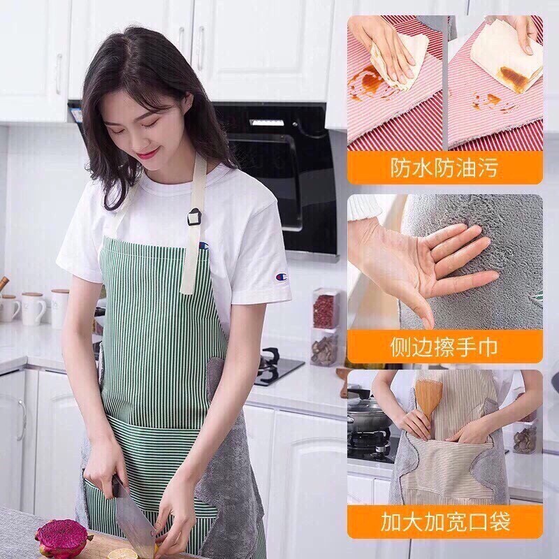 Tạp Dề Kẻ Phong Cách Hàn Quốc Có Khăn Lau Tay Bên Hông, Tạp Dề Chống Thấm Nước 88207
