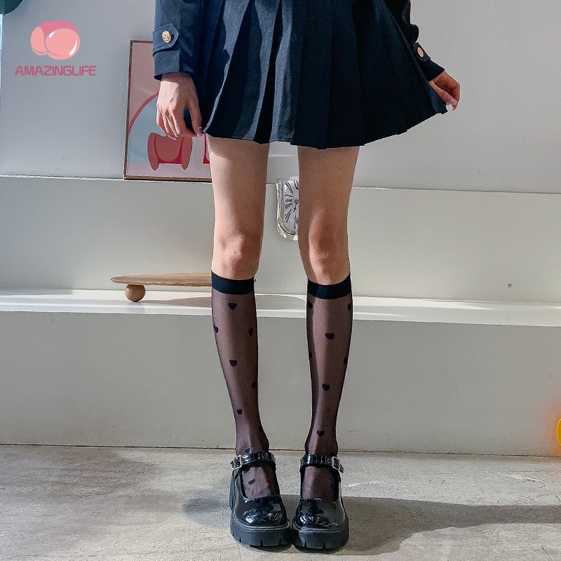 Vớ Cổ Cao Qua Đầu Gối Màu Đen Trong Suốt In Họa Tiết Trái Tim Phong Cách Nhật Bản Thời Trang Cho Nữ