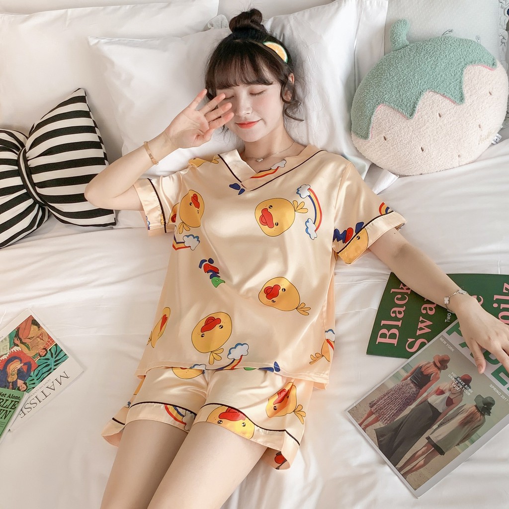 Bộ lụa ngủ, pijama cộc tay mặc nhà họa tiết cute_BN11