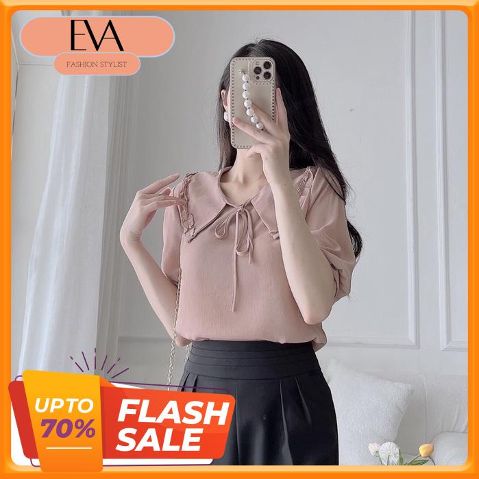 Áo sơ mi tay lỡ voan cổ đức gắn nơ dây trơn chất vải voan xước cao cấp thoáng mát EvaFashion