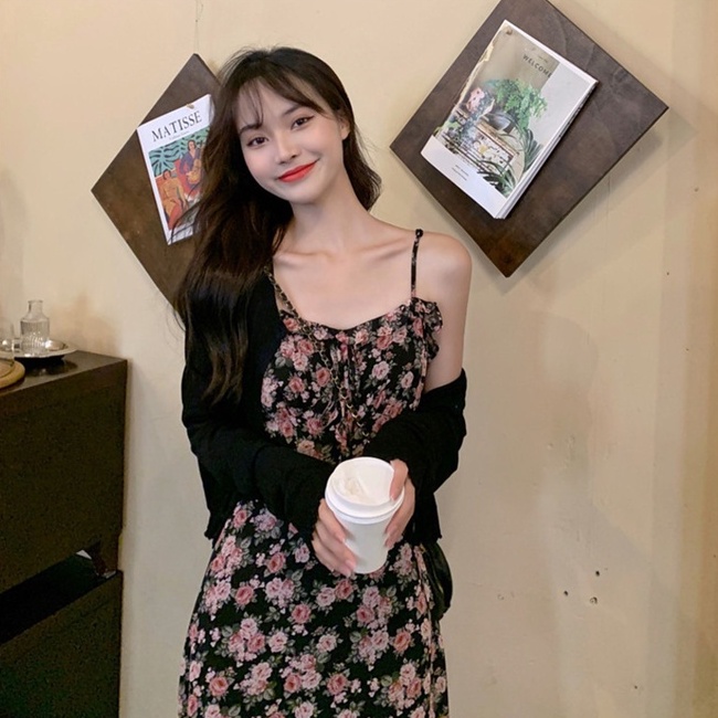 Đầm Hai Dây Dáng Ôm Che Bụng Họa Tiết Hoa 【ZHELIHANGFEI】