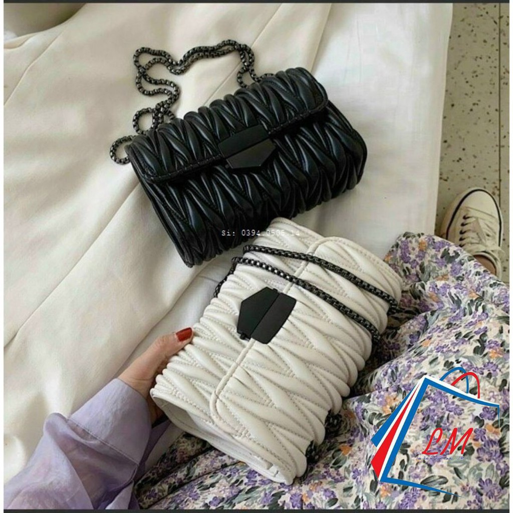 Túi Đeo Chéo Nữ ♥️FREESHIP♥️ Túi Đeo Vai Sóng Nhăn Khóa Kính Hàn Quốc Dây Xích Đen HQ 153
