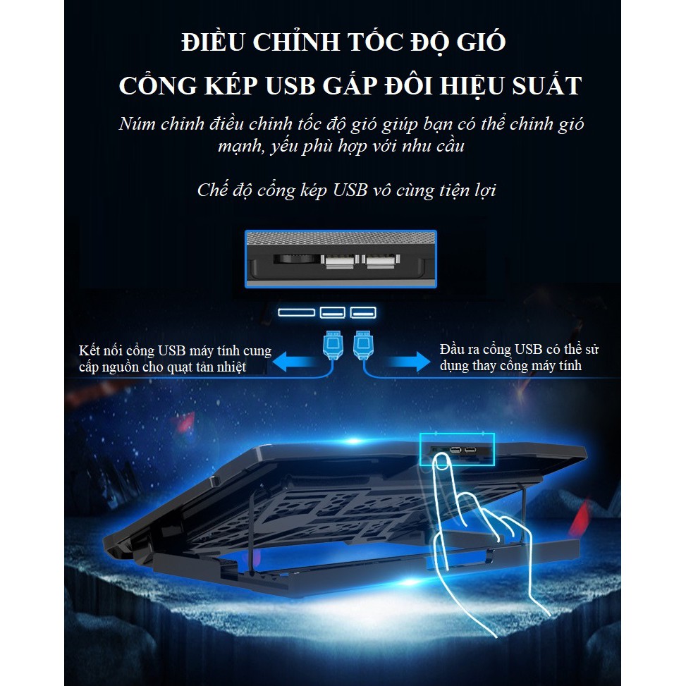 Đế Tản Nhiệt Laptop❤️FREESHIP❤️Đế Tản Nhiệt Laptop Cao Cấp 6 Quạt Mạnh Mẽ - Quạt Tản Nhiệt Tích Hợp Thêm Cổng USB H9