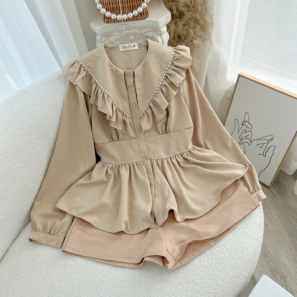 SET ÁO PEPLUM NUDE CỔ BÈO BO EO + SHORT