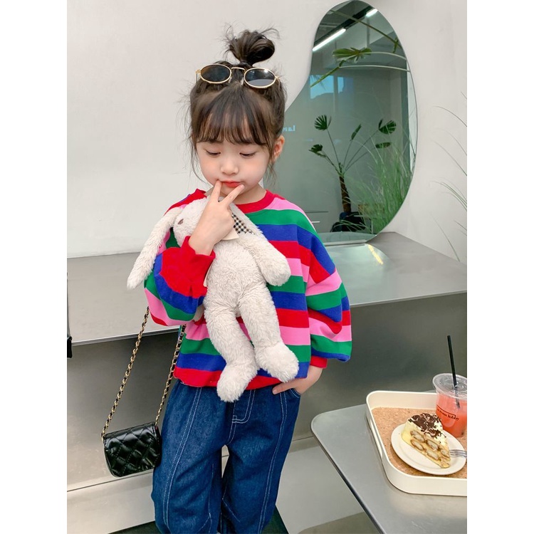 Áo Sweater Dáng Rộng Kẻ Sọc Cầu Vồng Phong Cách Nhật Hàn Thời Trang Mùa Thu 2022 Cho Bé Gái