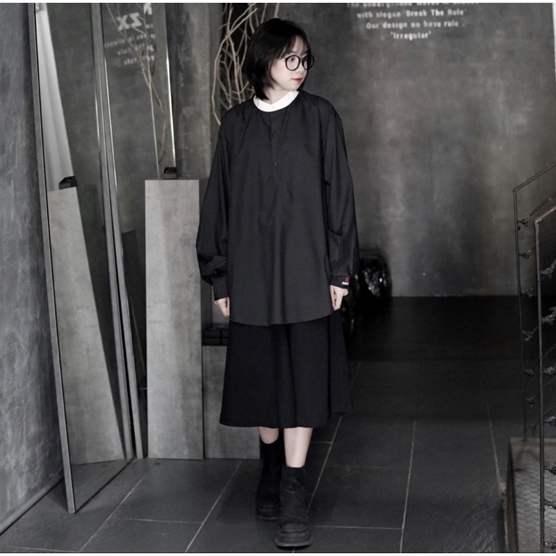 Áo sơ mi unisex Zune.zx cổ trụ form rộng đen trắng, Kido shirt