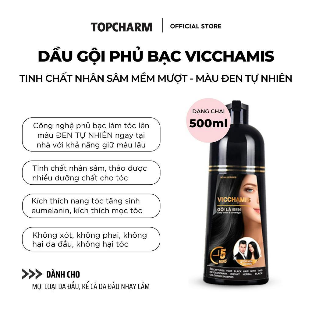 Dầu gội phủ bạc VICCHAMIS màu đen, dầu gội nhân sâm GỘI LÀ ĐEN mềm mượt tóc - Chai 500ml