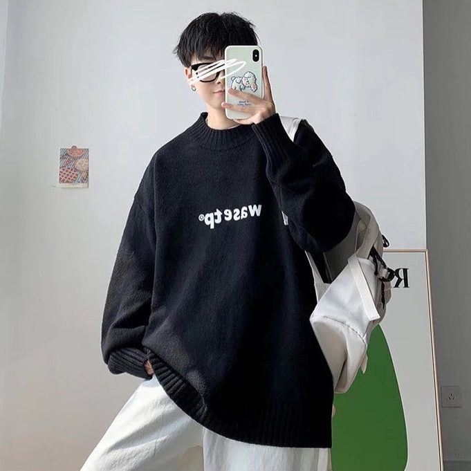 Áo Sweater dệt kim dày dặn cổ lọ dáng rộng kiểu Hàn Quốc cá tính cho nam