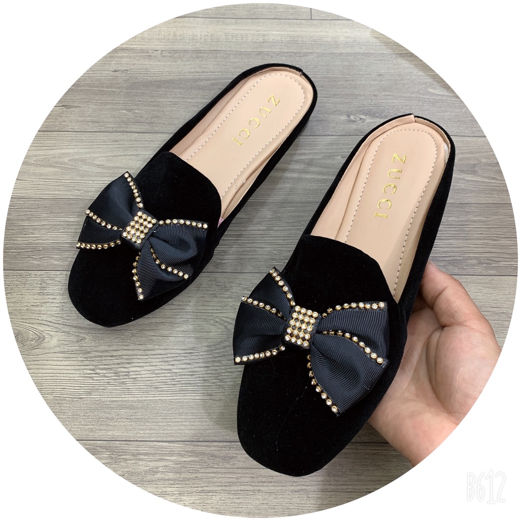 dép sục nữ mũi vuông đinh nơ viền mã HT3