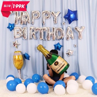 Hot sale: Bộ Bóng Bay Trang Trí Sinh Nhật Tông Bạc Xanh tặng kèm bơm tay băng dính