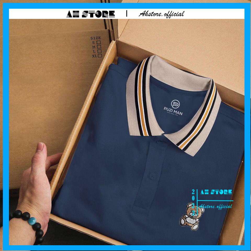 Áo polo nam cổ bẻ tay ngắn , Áo phông thun basic hoạ tiết thêu gấu có cổ vải cotton dày mịn - AHSTORE