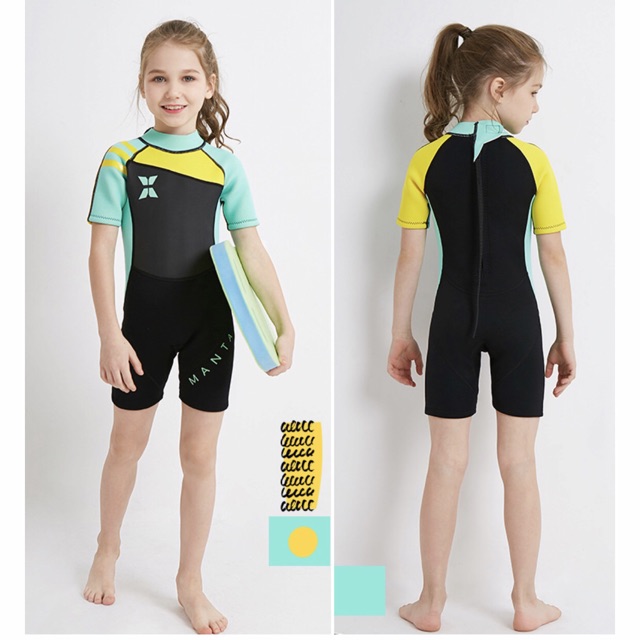 Đồ bơi giữ nhiệt ngắn tay wetsuit cho bé trai/ bé gái dày 2,5mm neoprene hiệu Dive &amp; Sail màu xanh phối đen , đồ lặn bé