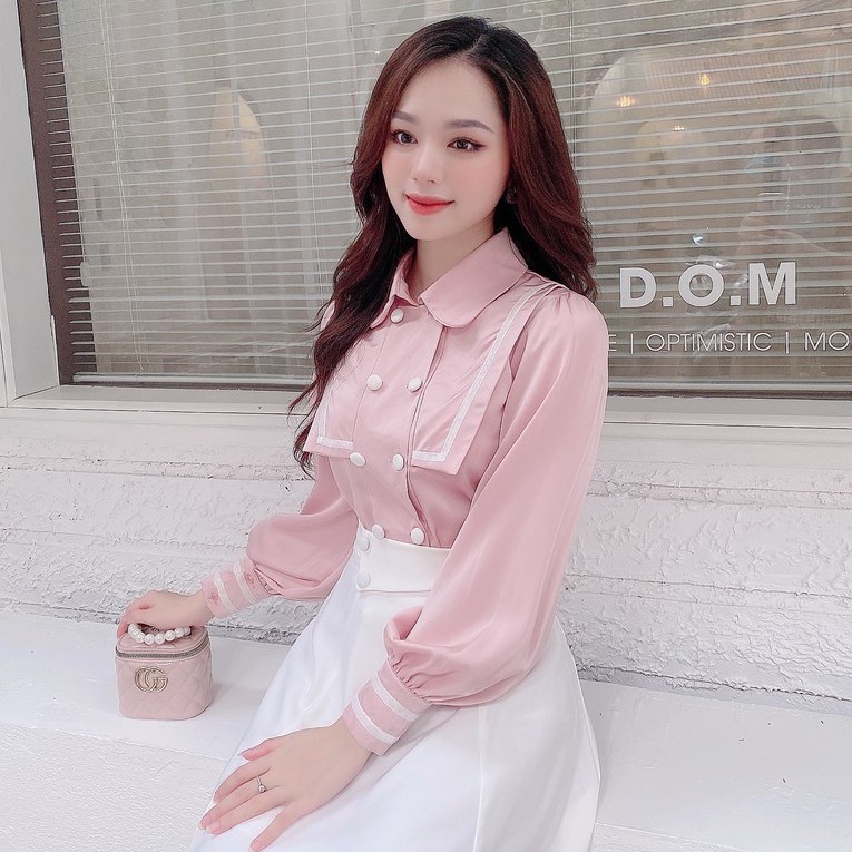 Áo sơ mi nữ công sở vạt vuông cúc bọc, áo lụa cổ yếm tay bồng thanh lịch A949 KYMIE