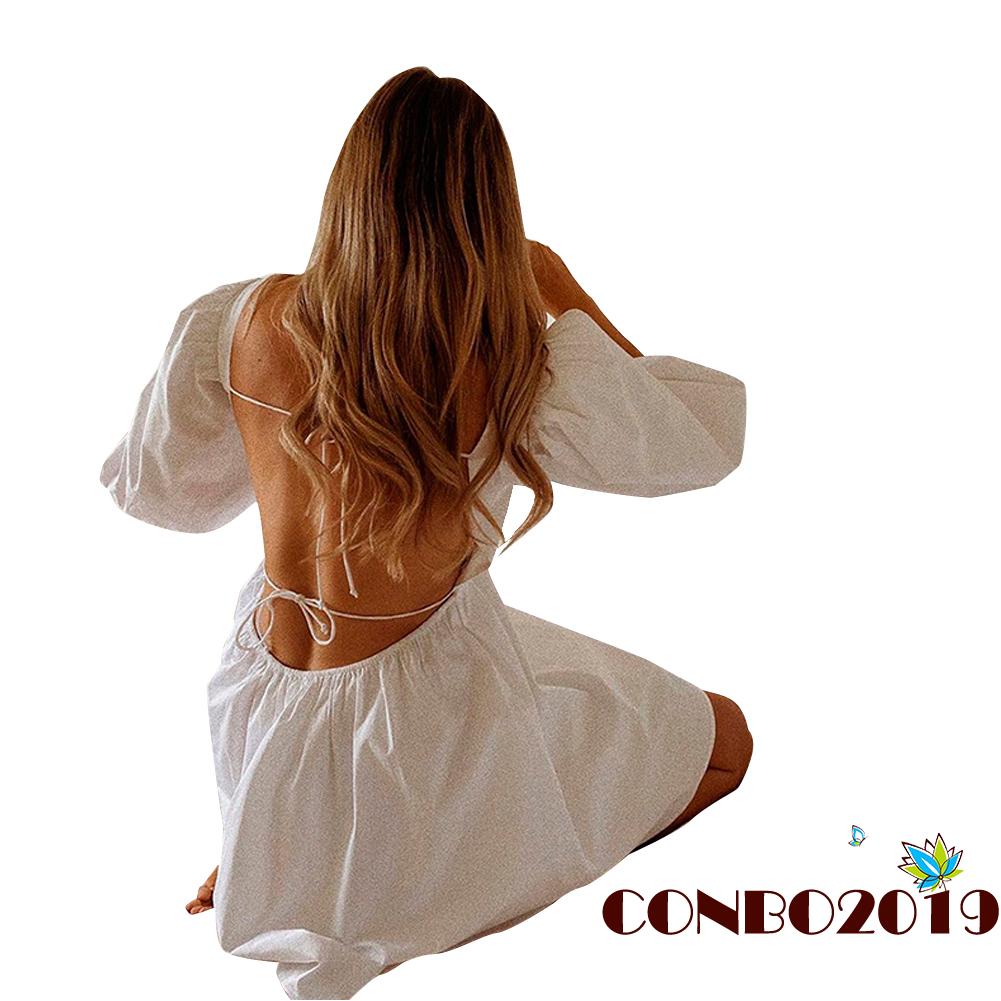 Đầm Tay Ngắn Hở Lưng Màu Trơn Quyến Rũ Cho Nữ