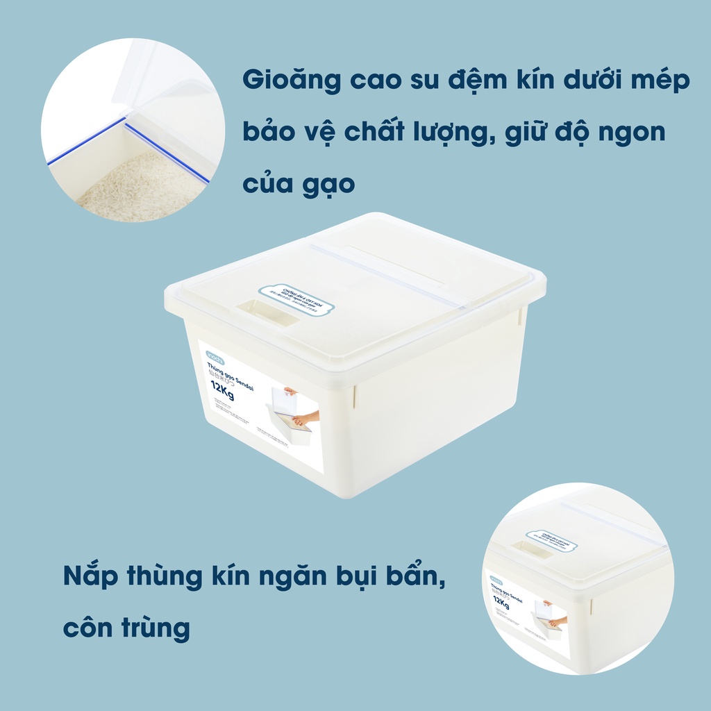 Thùng Nhựa Đựng Gạo INOCHI SENDAI 12kg Đa Năng Kèm Cốc Đong Chia Vạch - Hộp Đựng Gạo, Thực Phẩm Cao Cấp