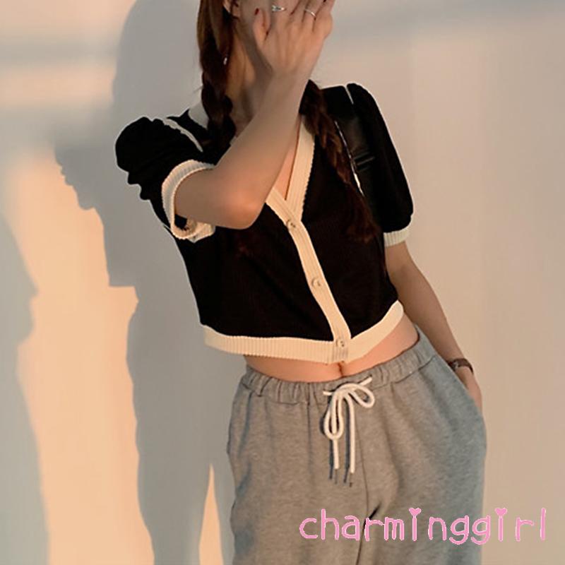 Áo cardigan dệt kim tay phồng cổ chữ V cài nút màu sắc tương phản thời trang cho nữ