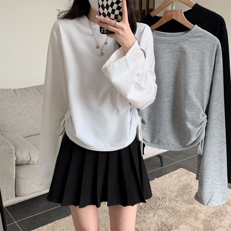 SUXI Áo Thun Tay Dài Cổ Tròn Màu Sắc Đơn Giản Cho Nữ