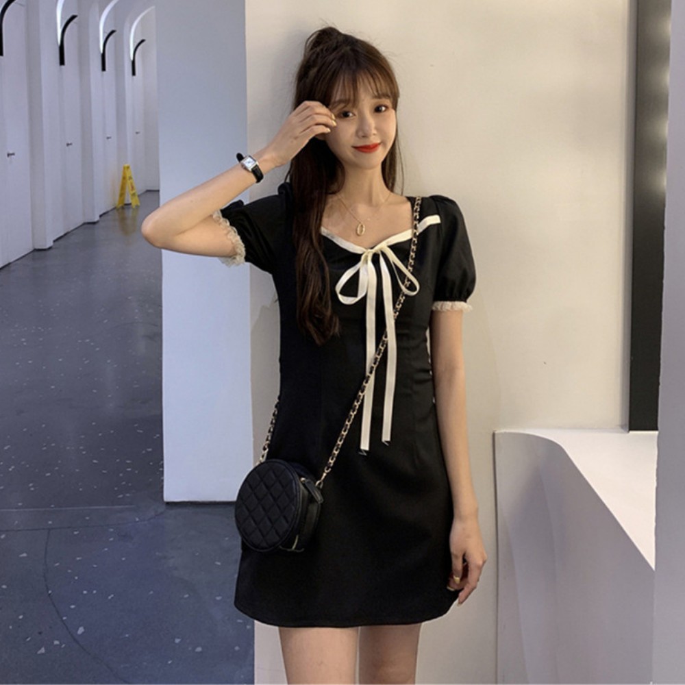 Đầm nữ , đầm váy nữ đẹp dáng chữ A  mẫu váy tay bồng viền trắng cổ dây buộc nơ dài siêu tôn dáng ATILA.SHOP | BigBuy360 - bigbuy360.vn