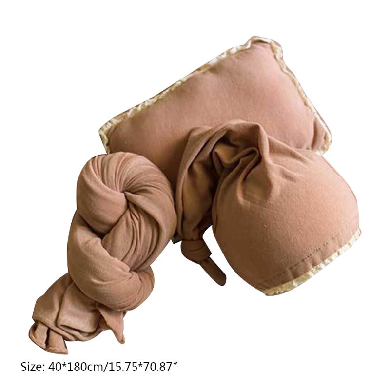 Set 3 Món Gồm Khăn Quấn Đuôi Thắt Nút + Mũ Cotton Mềm + Gối Dùng Làm Phụ Kiện Chụp Ảnh Cho Bé Sơ Sinh
