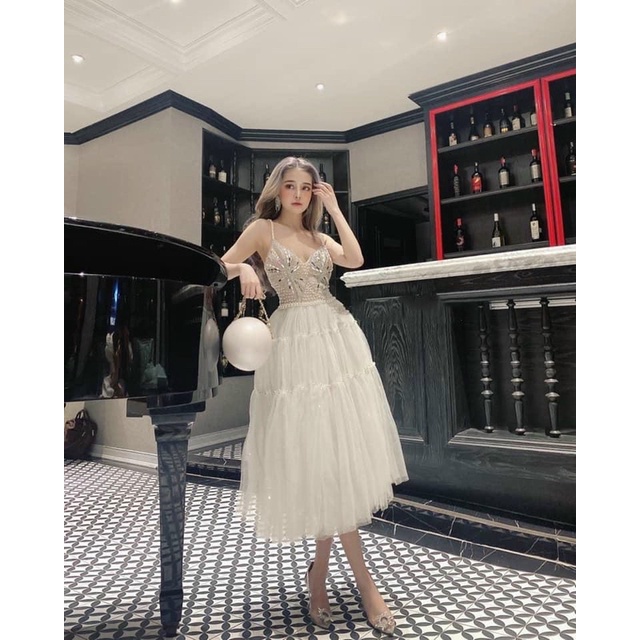 Đầm dự tiệc công chúa hai dây dún lưới kết đá pha lê TRIPBLE T DRESS - size M/L - MS352V