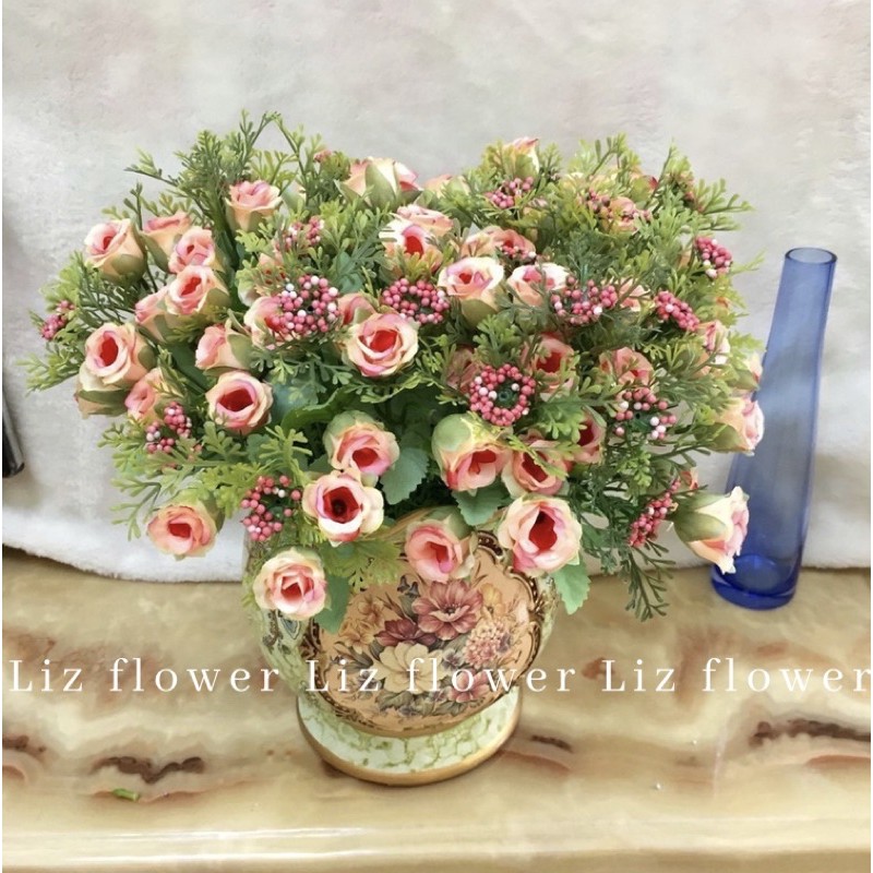 Hoa Giả, Chùm Hoa Hồng Nhí Giả Lụa trang trí nhà cửa Lizflower [B6-D2]