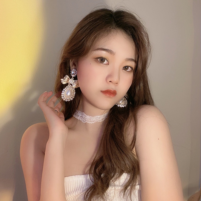 Bông Tai Bạc 925 Hình Nơ Đính Đá Ngọc Trai Phong Cách Thời Trang Hàn Quốc