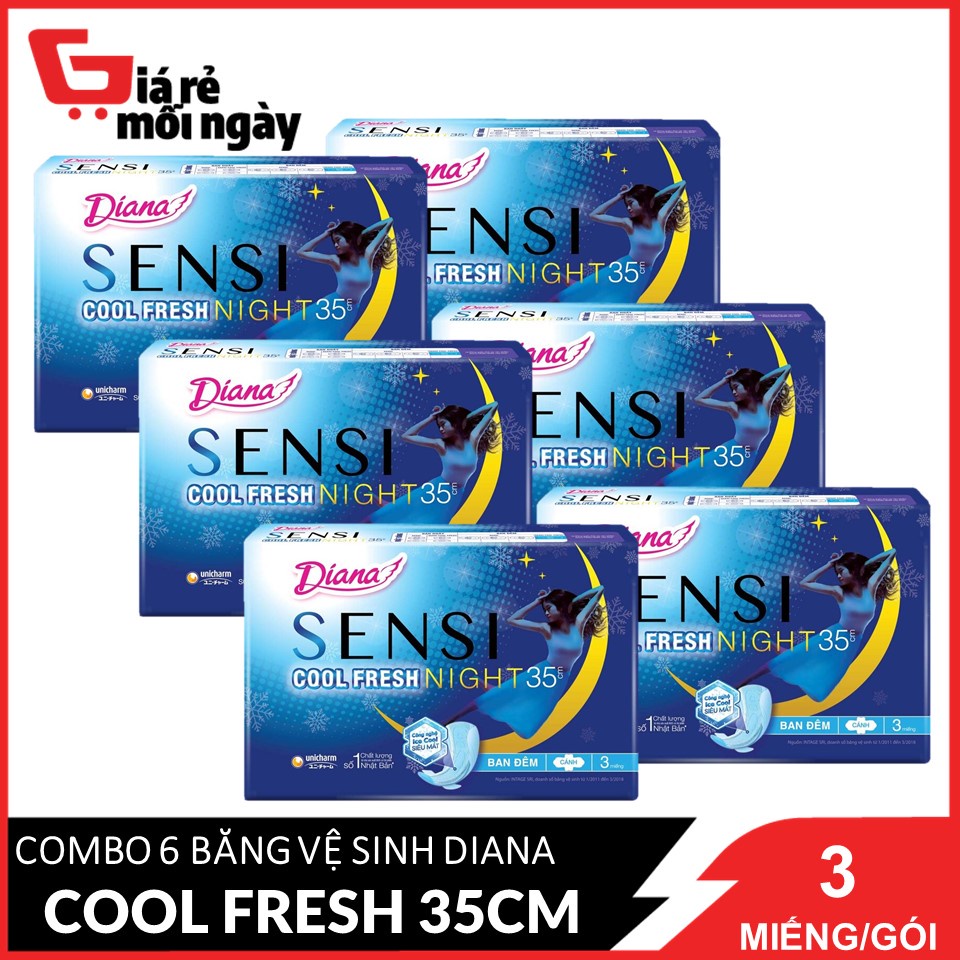 Combo 6 gói Băng vệ sinh Diana Sensi Cool Fresh Supernight 35cm 3 miếng/gói X6