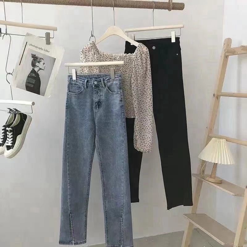 Quần jean ống loe xẻ vạt đừng trước 2 màu đen xanh