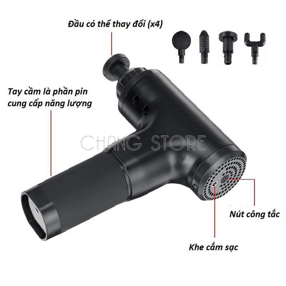 Máy Massage Cầm Tay Fascial Gun, Súng Massage 4 Đầu 6 Chế Độ Fascial Giảm Căng Cơ, Trị Nhức Mỏi Vai Gáy