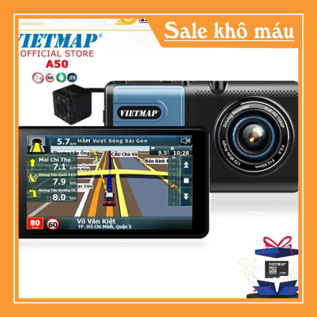 VIETMAP A50 - Camera Hành Trình Ô Tô Trước Sau + Bản Đồ Vietmap S1, Cảnh Báo Giới Hạn Tốc Độ. Dẫn Đường GPS + T