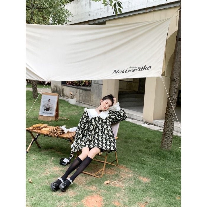 Đầm babydoll tay dài cổ bèo hoạ tiết cún đáng yêu sang chảnh