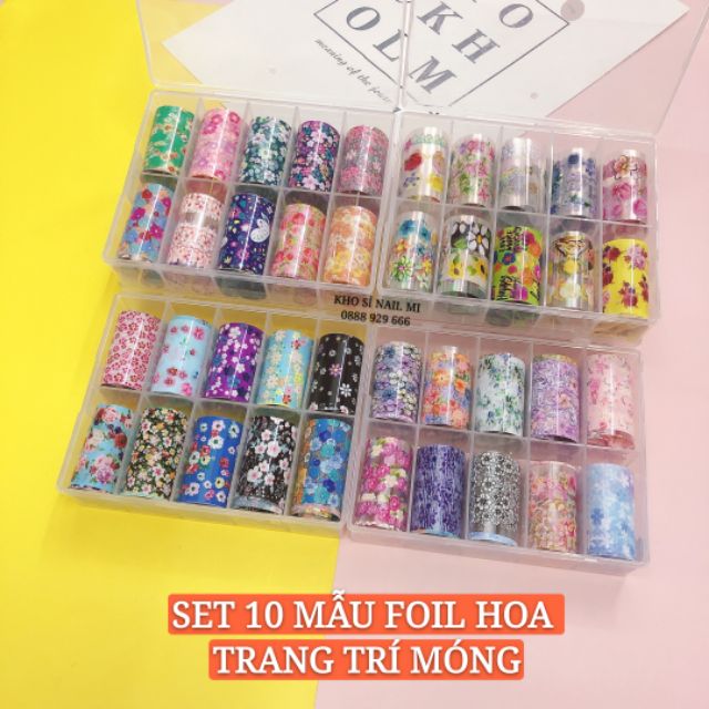 Set 10 mẫu foil hoa trang trí móng siêu nữ tính - một hộp gồm nhiều mẫu hoa khác nhau 4*50cm