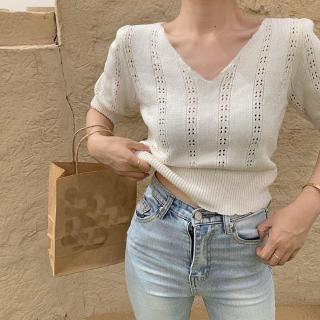 Áo dệt kim ngắn tay cổ chữ v thời trang mùa hè cho nữ