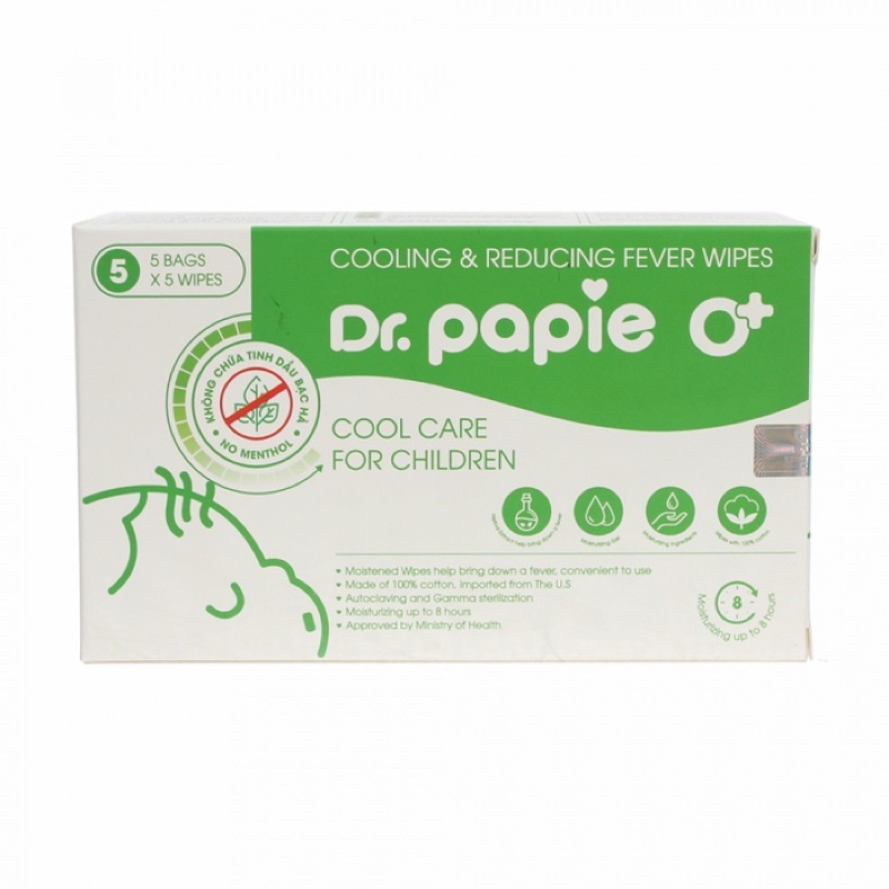 Khăn lau hạ sốt Dr.Papie 0+ dành cho mọi đối tượng, từ sơ sinh trở lên.