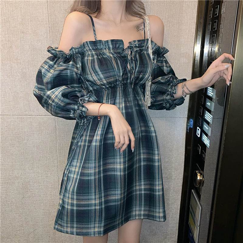 Đầm Caro Trễ Vai Tay Phồng Thời Trang Retro Dành Cho Nữ | BigBuy360 - bigbuy360.vn