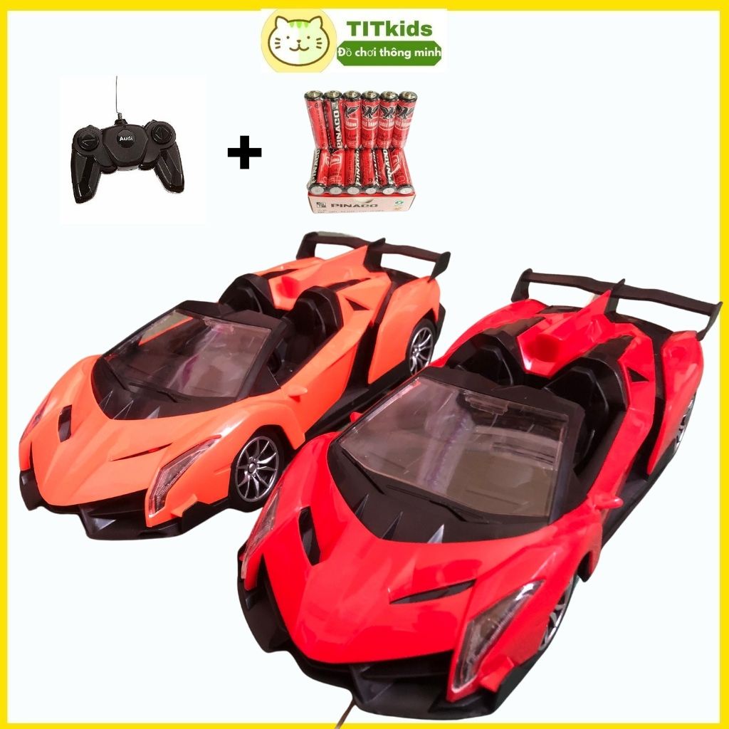 Xe ô tô đồ chơi cho bé, xe Lamborghini mui trần điều khiển từ xa 4 chiều màu đỏ và cam có đèn pha