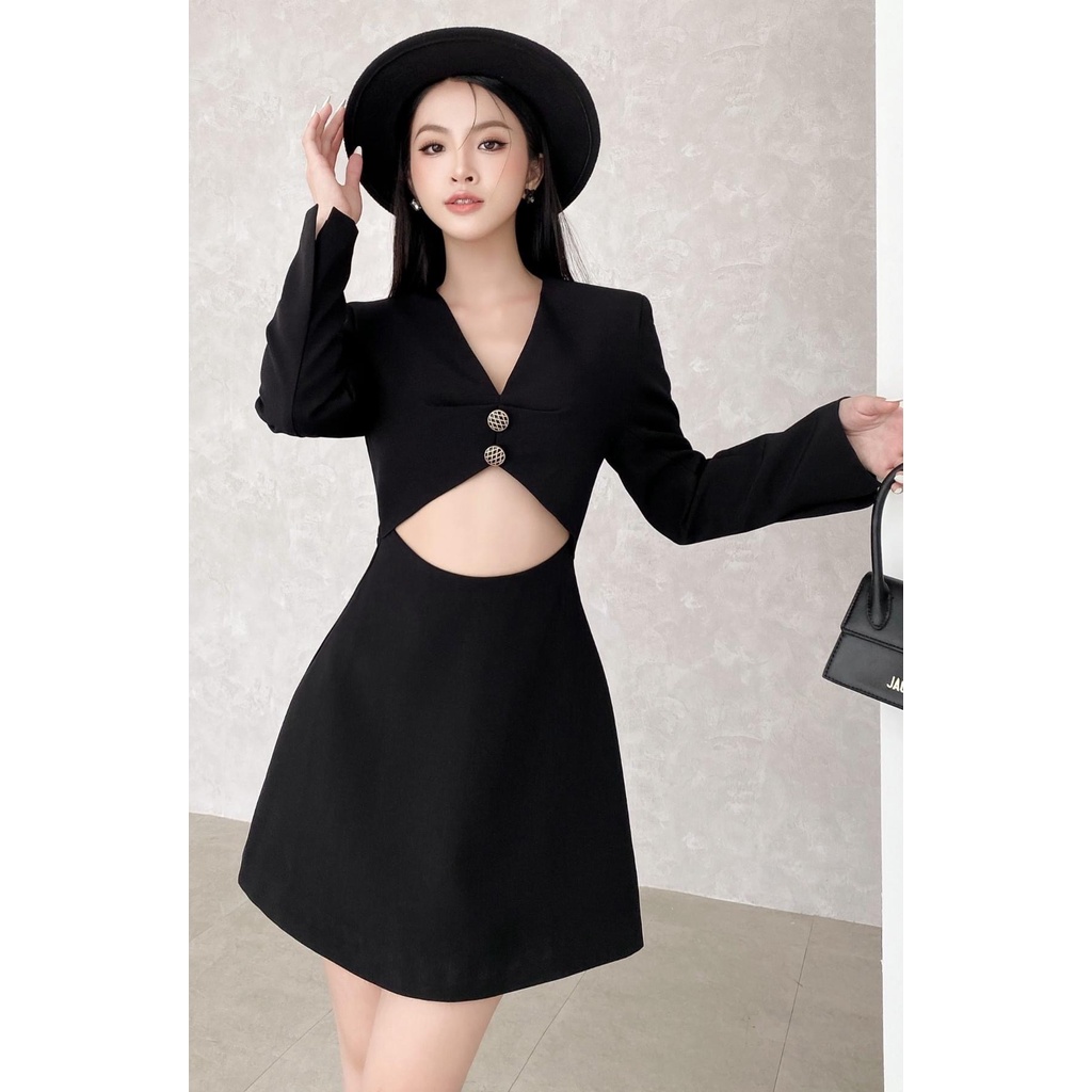 Đầm đen đi dự tiệc thiết kế cổ V hở bụng, tay dài sang chảnh - Marina
