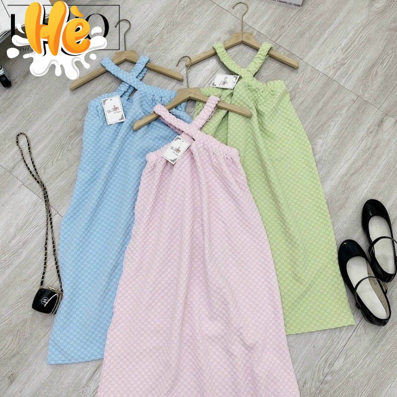 Đầm Váy Nữ Kiểu MAXI Dạo Phố Du Lịch Biển Thiết Kế Cổ Yếm Dây Chéo Hở Vai Chất Đũi Xốp Cao Cấp bao đẹp bkfrreship