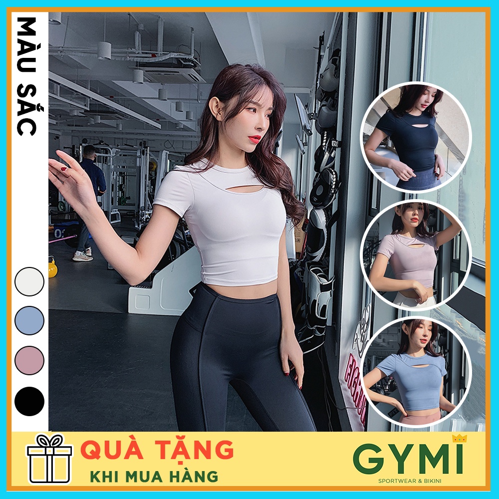 Áo tập gym yoga nữ khoét ngực GYMI AC17 dáng áo cộc ngắn tay chất thun mền mịn co giãn tốt tập thể thao, rumba