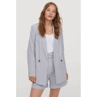 (H&M Auth) JP04 - Áo khoác vest/Blazer vải nữ xanh dáng lửng sọc đứng (Shop Hàng_Xách_Nhật)