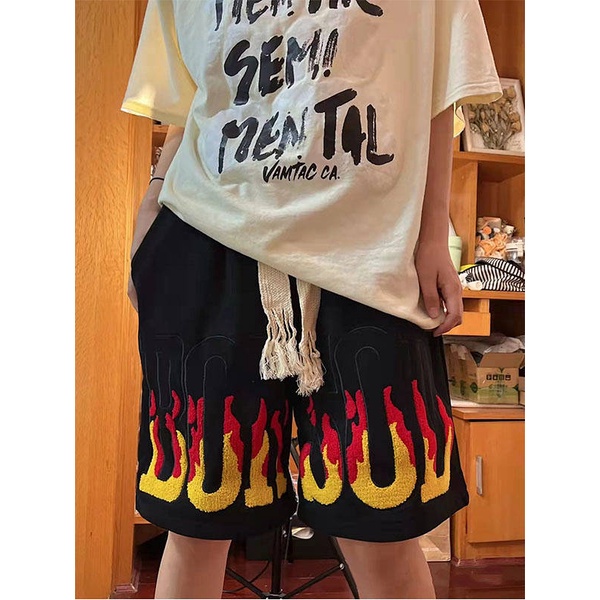 Quần short dáng rộng cạp cao họa tiết ngọn lửa phong cách hiphop đường phố retro Âu Mỹ