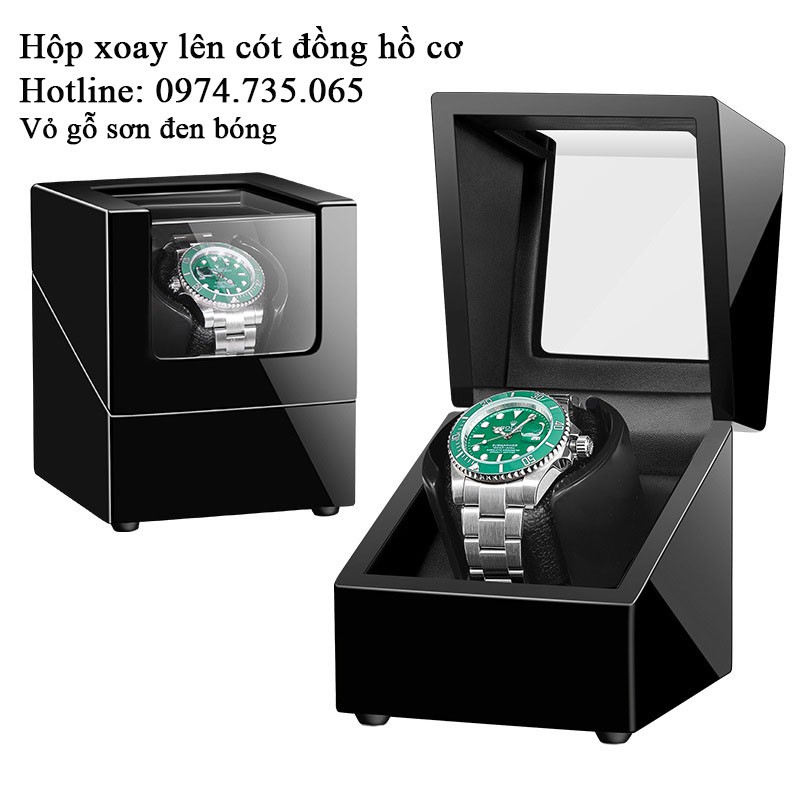 Hộp xoay đồng hồ vỏ Gỗ Sơn Mài Đen Bóng - Lên dây cót đồng hồ cơ Automatic